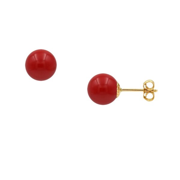 6mm Red Coral Ball Stud Earrings in 14k Yellow Gold