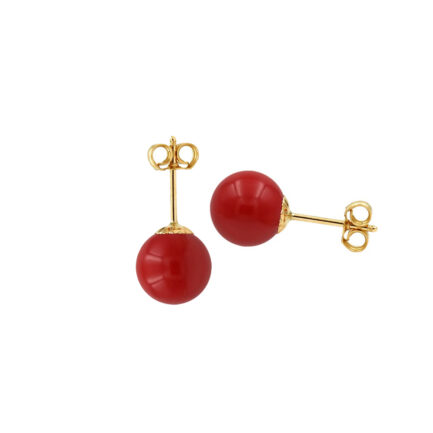 6mm Red Coral Ball Stud Earrings in 14k Yellow Gold