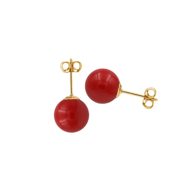 8mm Red Coral Ball Stud Earrings in 14k Yellow Gold