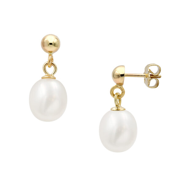 Oval Freshwater Pearls 8-10mm Drop Earrings in 14k Yellow Gold