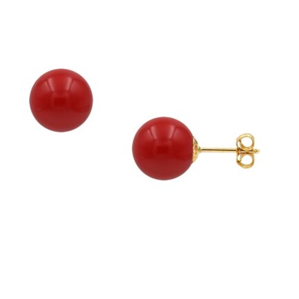 Red Coral 10mm Ball Stud Earrings in 14k Yellow Gold