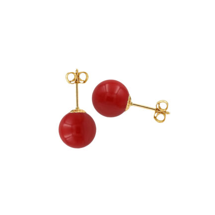 Red Coral Ball Stud Earrings in 14k Yellow Gold