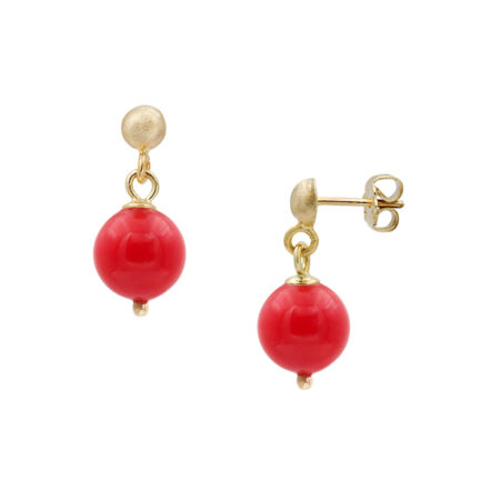 Red Coral Beads 8mm Drop Stud Earrings in 14k Yellow Gold