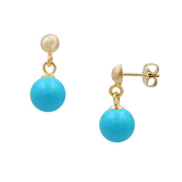 Turquoise Ball 8mm Drop Earrings in 14k Yellow Gold