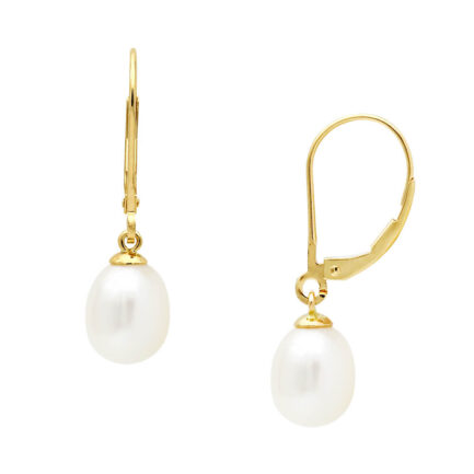 8-10mm Freshwater Pearls Lever back Dangle Earrings in 14k Yellow Gold