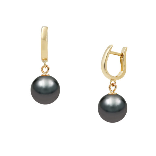 Hinged Hoop Earrings Black Akoya Pearls 7.5-8mm in 14k Yellow Gold