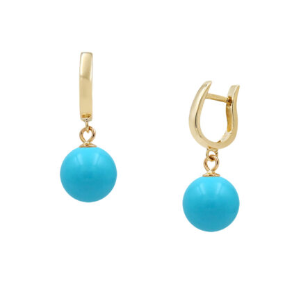 Hinged Hoop Earrings Turquoise 10mm in 14k Yellow Gold