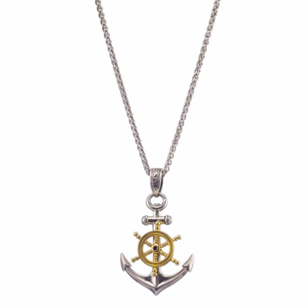 Anchor Ships Wheel Pendant for Men 18k Yellow Gold and Sterling silver