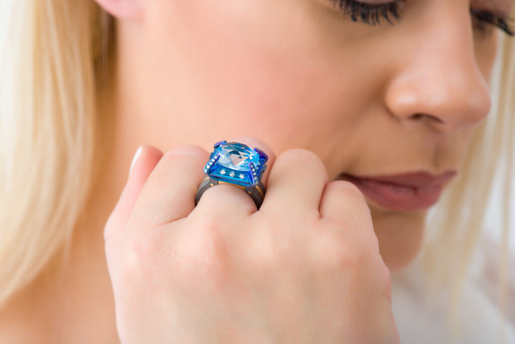 Titanium Ring with Blue Topaz Gemstone with Diamonds