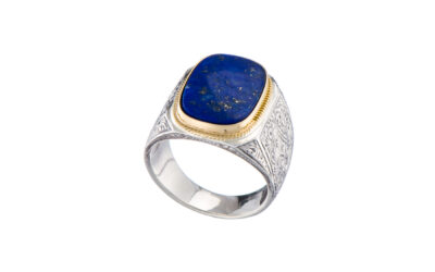 Engraved Ring for Men in 18k Yellow Gold and Silver with Semi Precious Stones