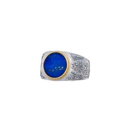 Round Engraved Ring for Men in 18k Yellow Gold and Silver with Semi Precious Stones