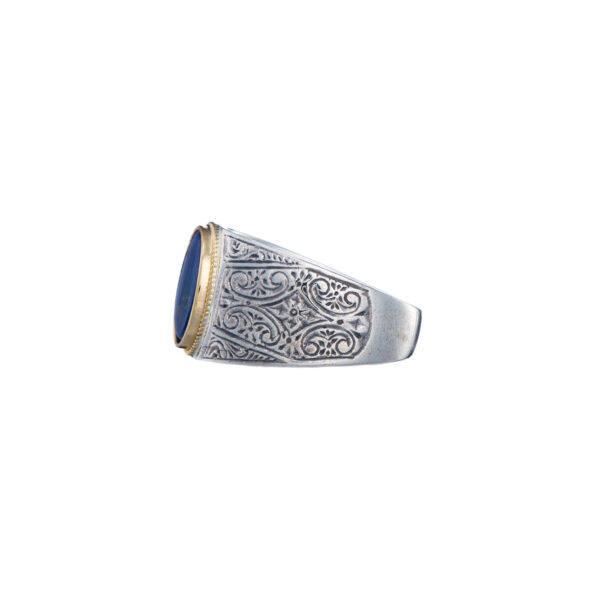 Round Engraved Ring for Men in 18k Yellow Gold and Silver with Semi Precious Stones