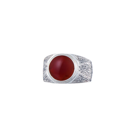 Round Engraved Silver Ring for Men with Semi Precious Stones