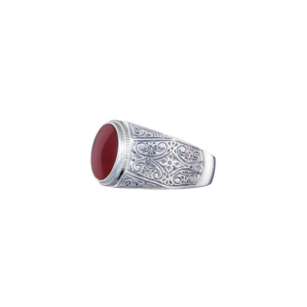 Round Engraved Silver Ring for Men with Semi Precious Stones