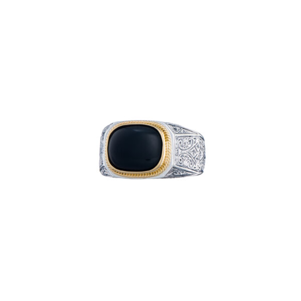 Engraved Ring for Men in 18k Yellow Gold and Silver with Semi Precious Stones