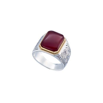 Engraved Ring for Men in 18k Yellow Gold and Silver with Semi Precious Stones