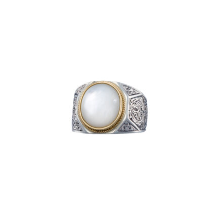 Oval Engraved Ring for Men in 18k Yellow Gold and Silver with Semi Precious Stones