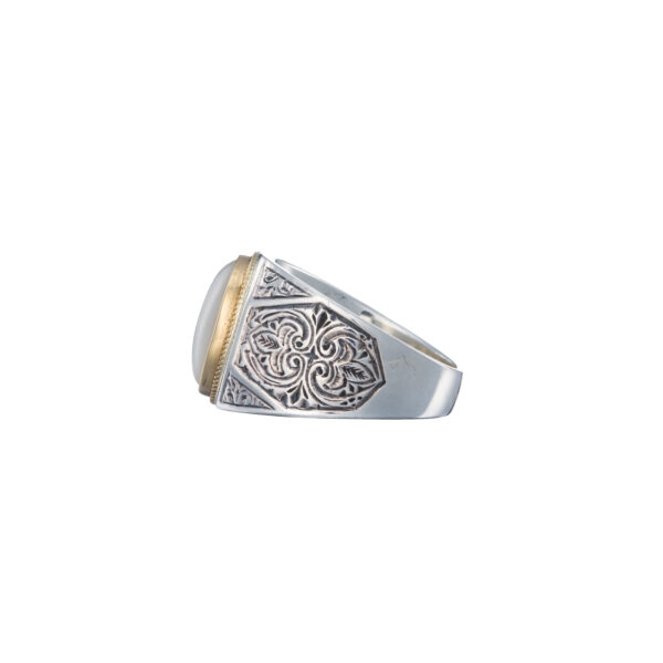 Oval Engraved Ring for Men in 18k Yellow Gold and Silver with Semi Precious Stones