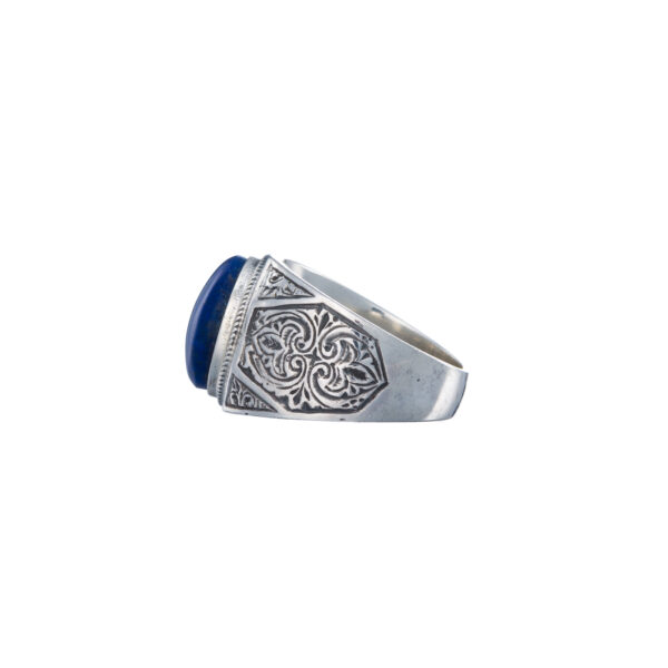 Oval Engraved Silver Ring for Men with Semi Precious Stones