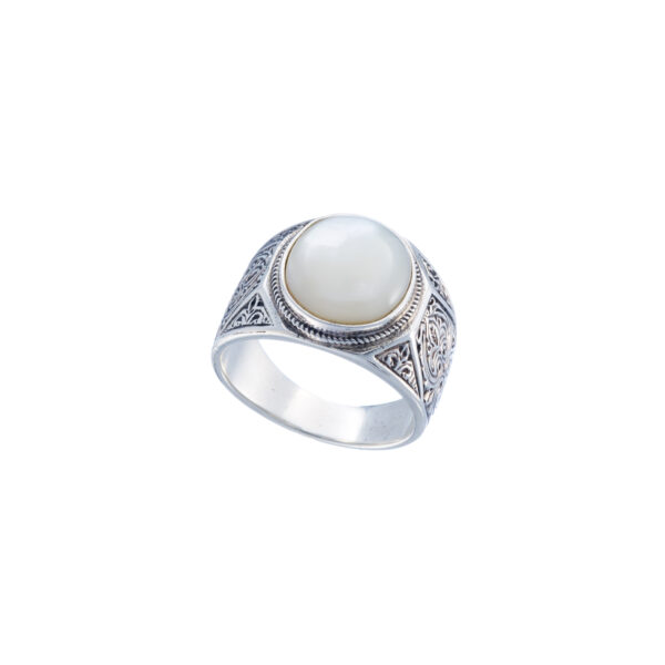 Oval Engraved Silver Ring for Men with Semi Precious Stones