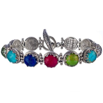 Multi-Colored Stone Link Bracelet for Women in Sterling Silver 925