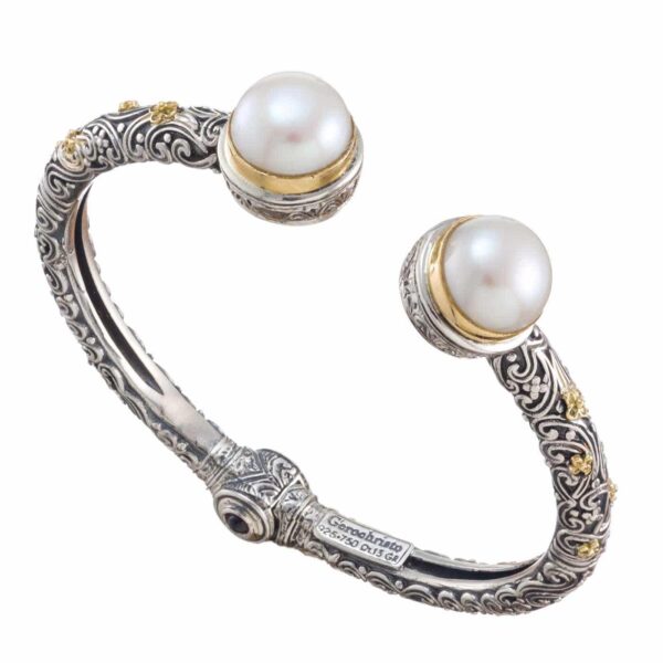 Freshwater Pearls Flower Cuff Bracelet in 18k Yellow Gold and Silver 925