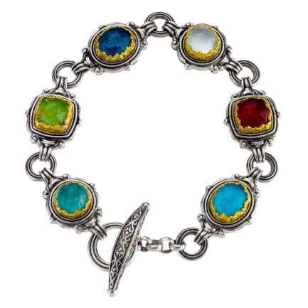 Multi-Colored Stone Link Bracelet in Sterling Silver 925 with Gold Plated parts