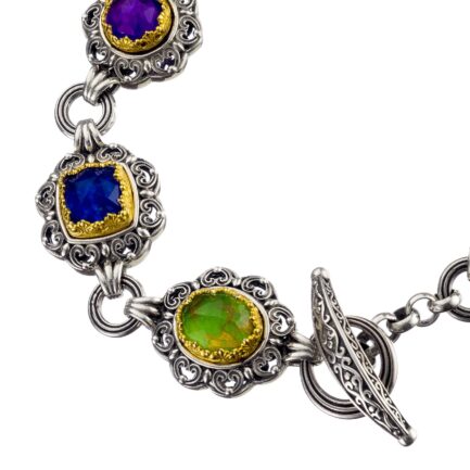 Multi-Colored Stone Link Bracelet in Sterling Silver 925 with Gold Plated parts