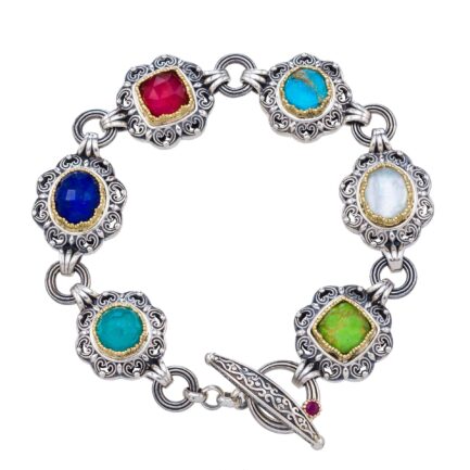 Multi-Colored Stone Link Bracelet in 18k Yellow Gold and Sterling Silver 925
