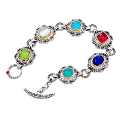 Multi-Colored Stone Link Bracelet in 18k Yellow Gold and Sterling Silver 925