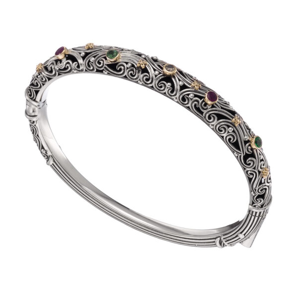 Floral Bangle Bracelet in 18k Yellow Gold and Silver 925