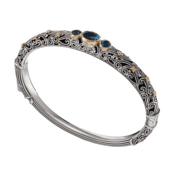 Triple Stones Floral Bangle Bracelet in 18k Yellow Gold and Silver 925