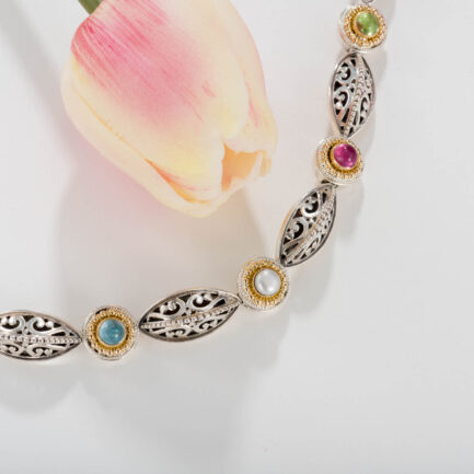 Athenian Flower Necklace in 18k Yellow Gold and Silver with Semi precious stones