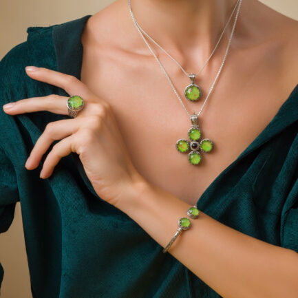 Cuff Bracelet Round Doublet Stones in Silver 6365 Green-copper