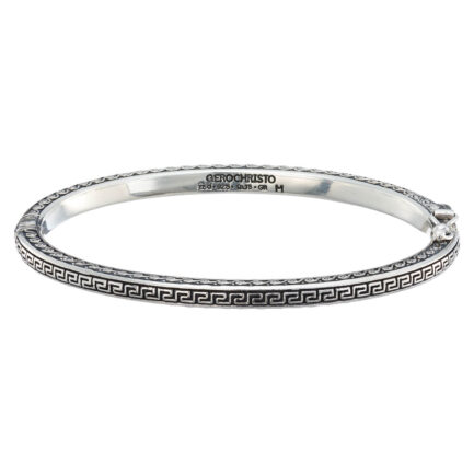 Greek Key Oval Bangle Bracelet in Silver 6593