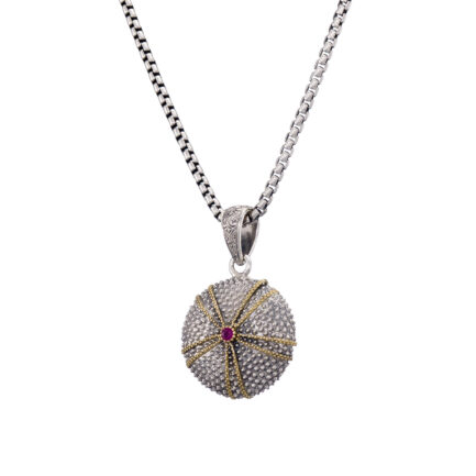 Seashell Round Locket Pendant in 18k Yellow Gold with Ruby and Silver