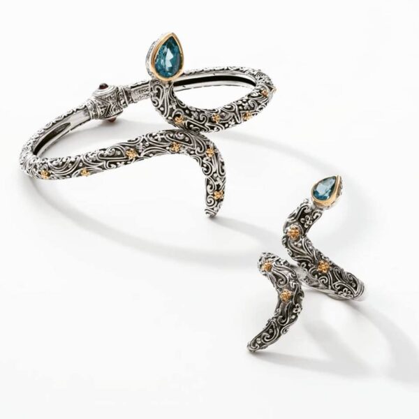 Snake Open Bracelet Flowers in 18k Gold and Silver 6446 blue