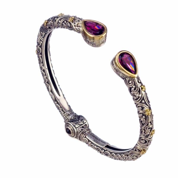 Tear Shaped Open Bracelet in 18k Gold and Silver 6447 rhodolite