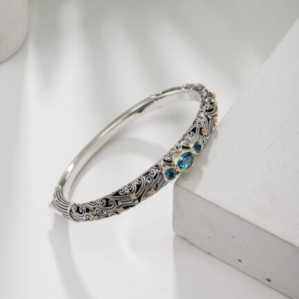 Triple Stones Floral Bangle Bracelet in 18k Yellow Gold and Silver 925