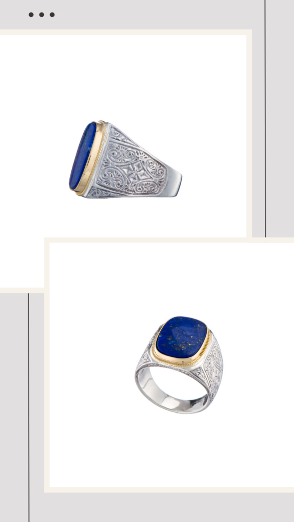 Father's Day Gits. Engraved Ring for Men in 18k Yellow Gold and Silver with Semi Precious Stones