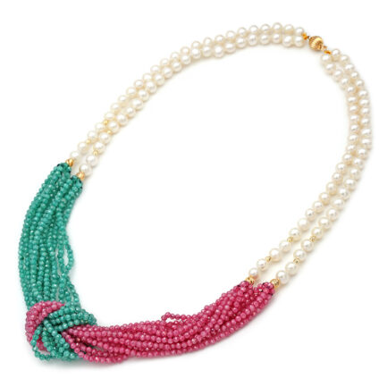 Necklace with 2 rows Pearl and agate k14
