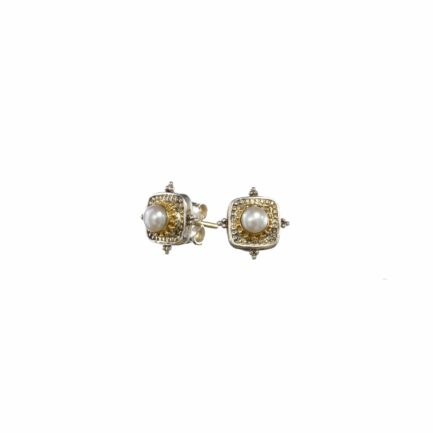 Square Small Stud Earrings in 18k Gold 1087 pearls