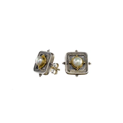 Square Stud Earrings Pearls in 18k Gold and Silver 1082 pearls