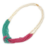 Two-Row Pearl and Agate Necklace in 14K Gold