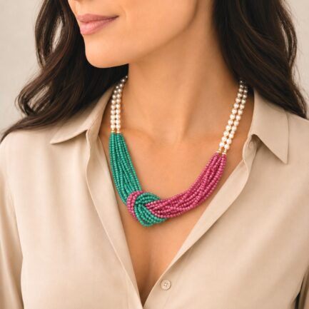 Two-Row Pearl and Agate Necklace in 14K Gold
