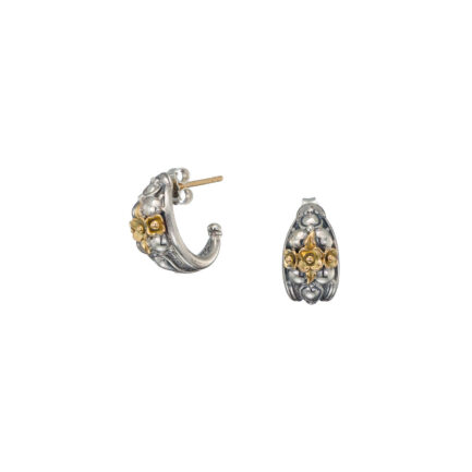 Flower Half Hoop Earrings in 18k Yellow Gold and Sterling Silver 925