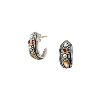 Half Hoop Earrings Ruby 18k Yellow Gold and Sterling Silver 925