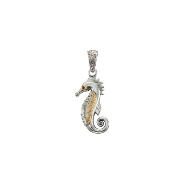 Sea Horse Medium Pendant in 18k Gold and Silver with ruby 3435