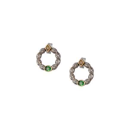 Small Circle Stud Earrings with 18k Gold and Silver-10006-tsavorite