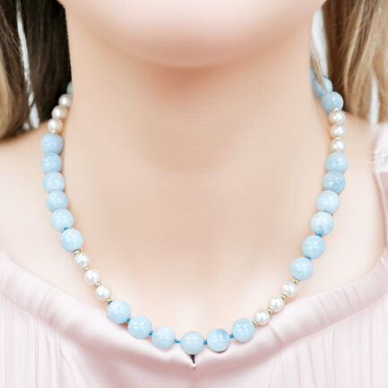 Necklace with Aquamarine and Pearls K14 N153271-PE
